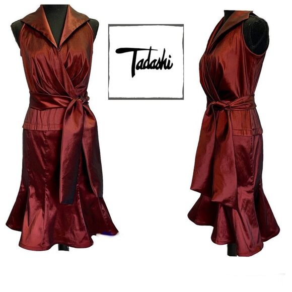 Tadashi Red metallic halter wrap ruffle dress Sz XS - Picture 13 of 13